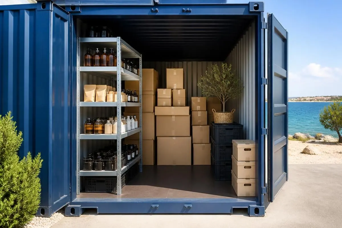 Archive Storage in Paphos — Business stock and archive boxes stacked neatly inside a private container storage unit in Paphos