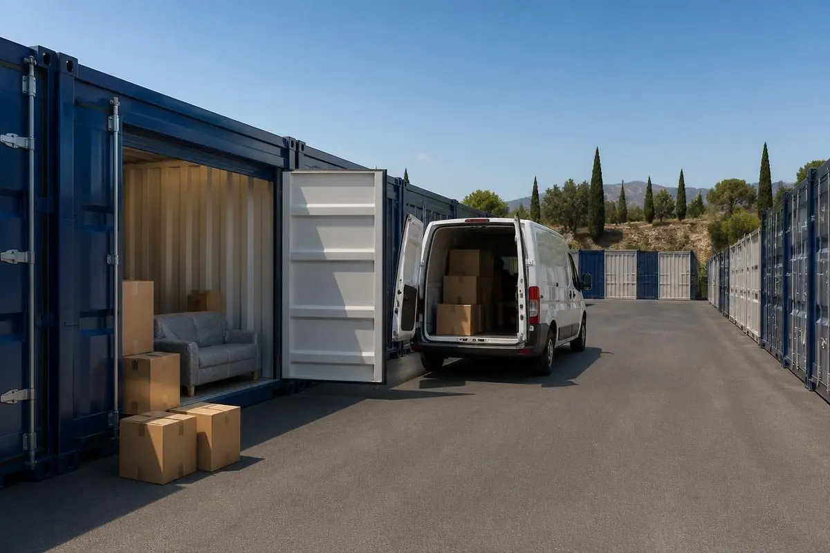 Short-Term Storage in Paphos — Vehicle parked beside an open container unit for drive-up loading at a Paphos self storage facility