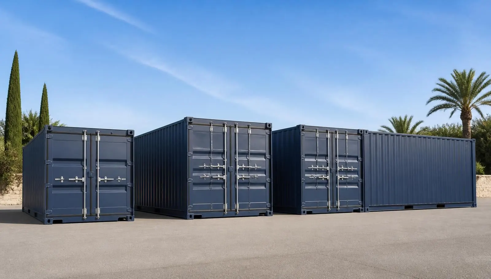 Storage units in Paphos — small, medium and large shipping-container units side by side